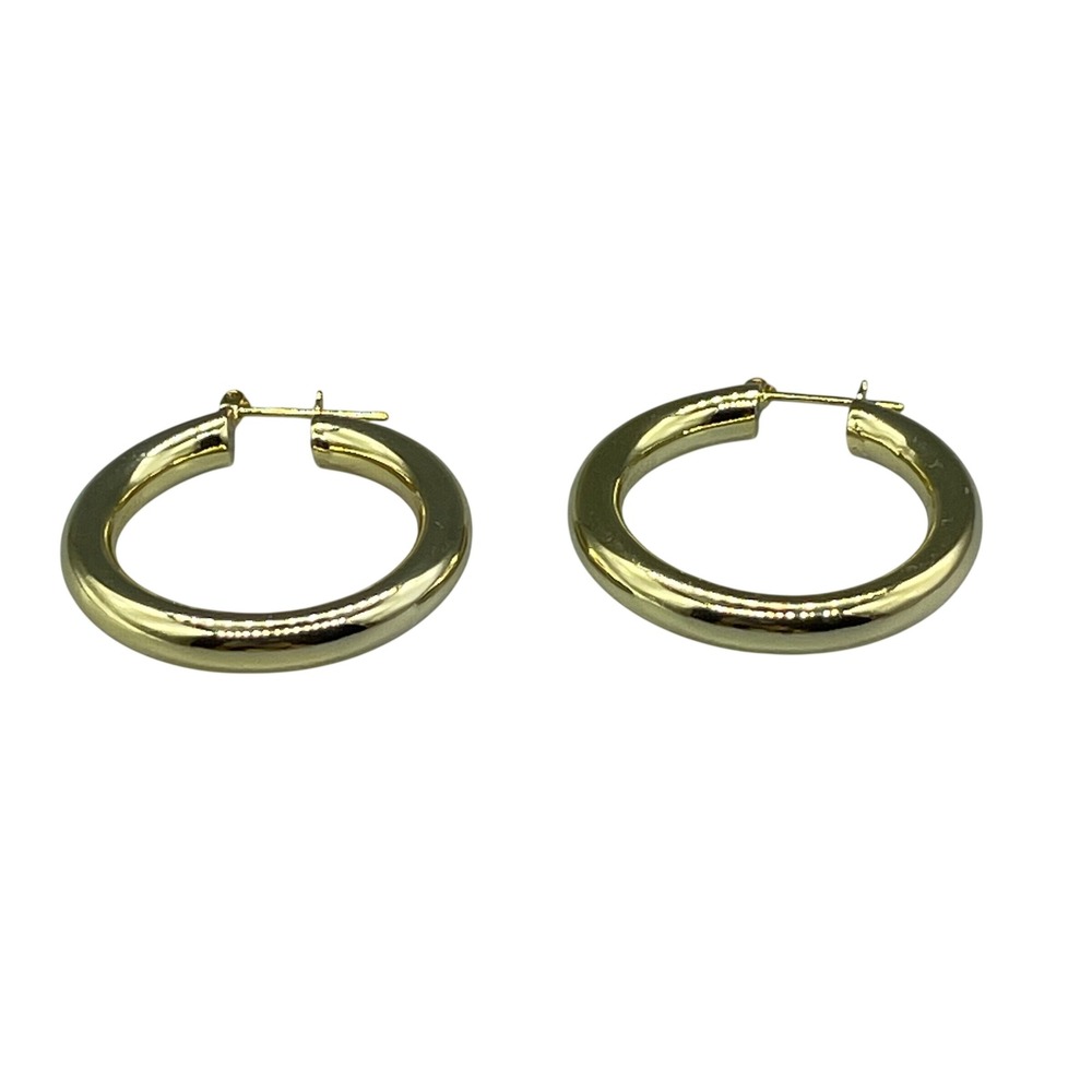 Classic Polished Gold Tone Thick Hollow Tube Hoop Earrings Latch Back 1.25 Inch